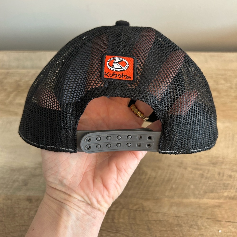 Kubota Tractor Emb. Patch on Kubota Brand Trucker Hat Snapback Black/orange - Picture 3 of 11